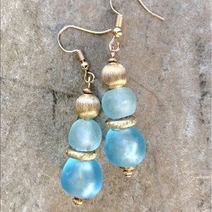 SOLD Baby Blue Ethnic Glass Earrings Italian Gold Filled Brushed Beads Boho-Chic